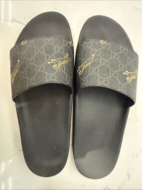 Gucci Black Monogram Slide Sandals with Gold Tiger Embroidery
